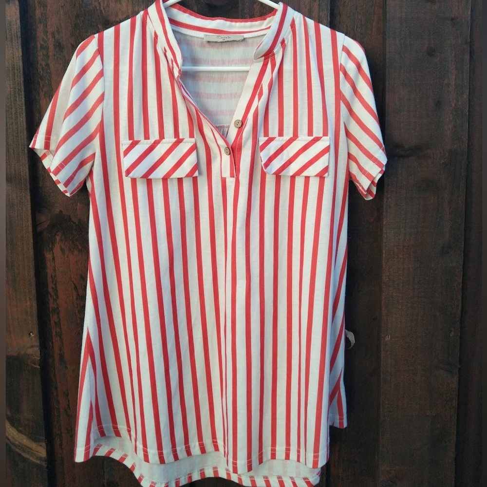 Vintage Cestyle Red & White Striped, Button Down, Short Sleeve Shirt